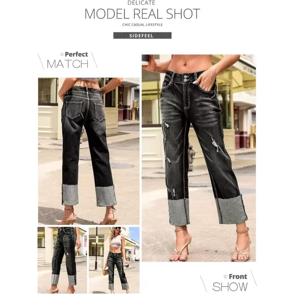 Sidefeel Womens Ripped Cuffed Jeans High Waisted Boyfriend Straight Leg Denim Pants