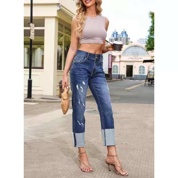 Sidefeel Womens Ripped Cuffed Jeans High Waisted Boyfriend Straight Leg Denim Pants
