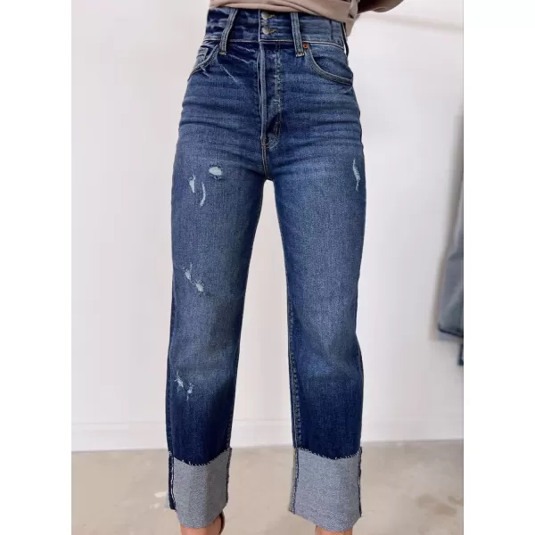 Sidefeel Womens Ripped Cuffed Jeans High Waisted Boyfriend Straight Leg Denim Pants