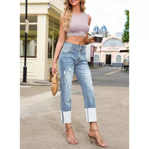 Sidefeel Womens Ripped Cuffed Jeans High Waisted Boyfriend Straight Leg Denim Pants