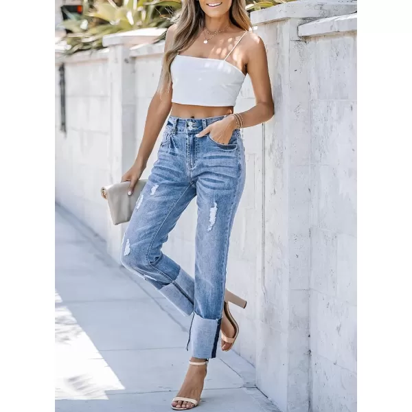 Sidefeel Womens Ripped Cuffed Jeans High Waisted Boyfriend Straight Leg Denim Pants