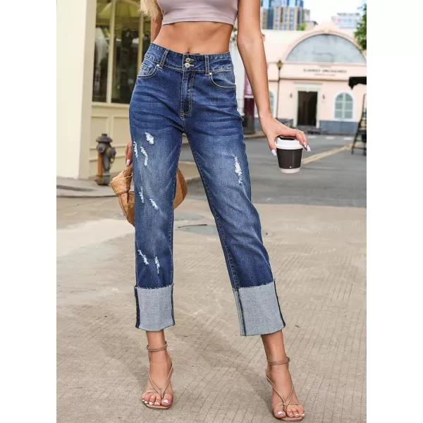 Sidefeel Womens Ripped Cuffed Jeans High Waisted Boyfriend Straight Leg Denim Pants