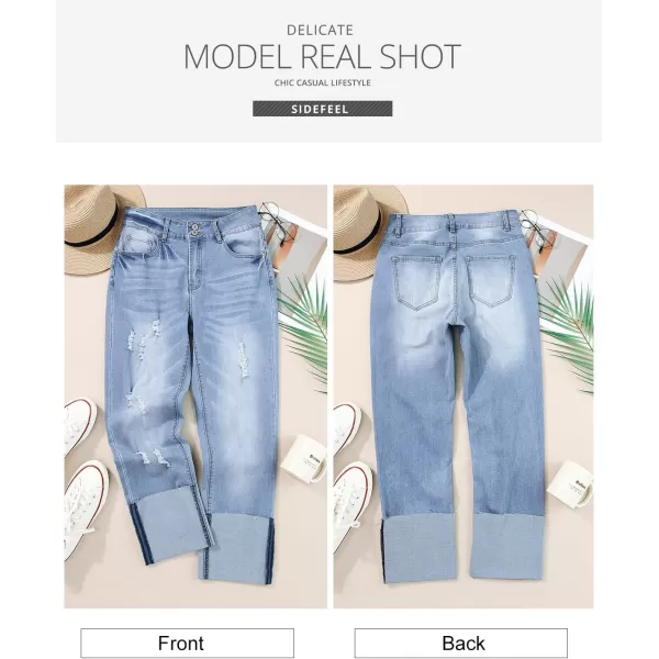 Sidefeel Womens Ripped Cuffed Jeans High Waisted Boyfriend Straight Leg Denim Pants