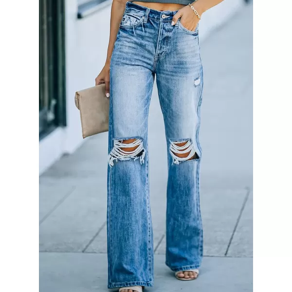 Sidefeel Women's Ripped High Waisted Flared Jeans Wide Leg Destroyed Denim Pants