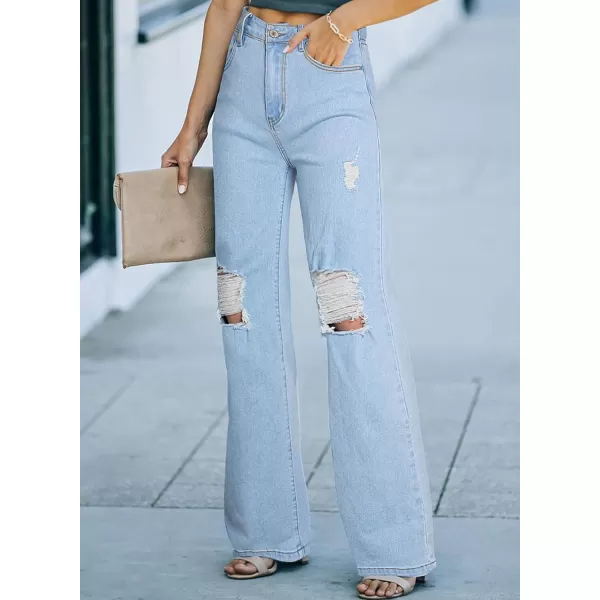 Sidefeel Women's Ripped High Waisted Flared Jeans Wide Leg Destroyed Denim Pants