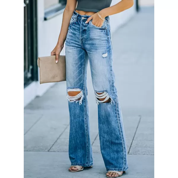 Sidefeel Women's Ripped High Waisted Flared Jeans Wide Leg Destroyed Denim Pants