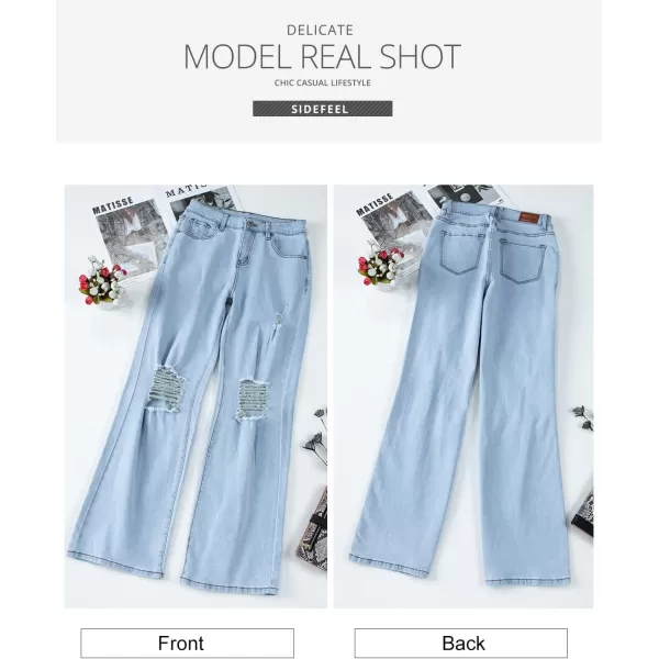 Sidefeel Women's Ripped High Waisted Flared Jeans Wide Leg Destroyed Denim Pants