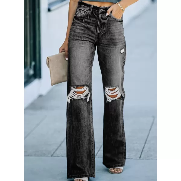 Sidefeel Women's Ripped High Waisted Flared Jeans Wide Leg Destroyed Denim Pants