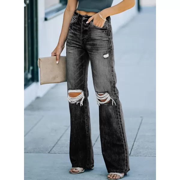Sidefeel Women's Ripped High Waisted Flared Jeans Wide Leg Destroyed Denim Pants