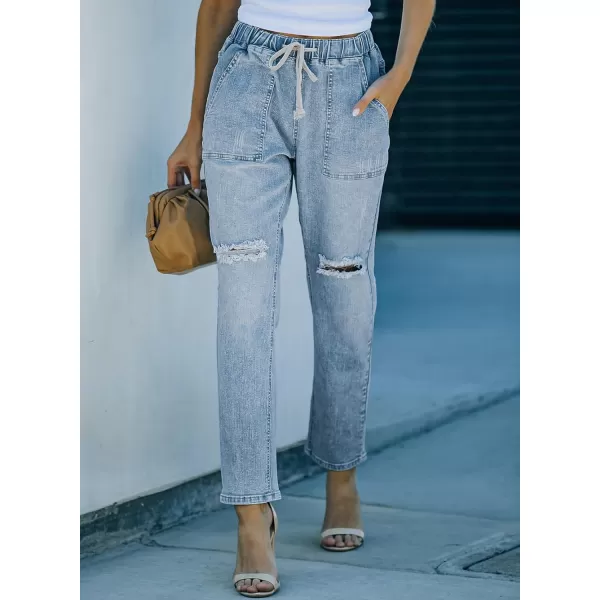 Sidefeel Women's Ripped Jogger Jeans Drawstring Elastic Waist Denim Pants