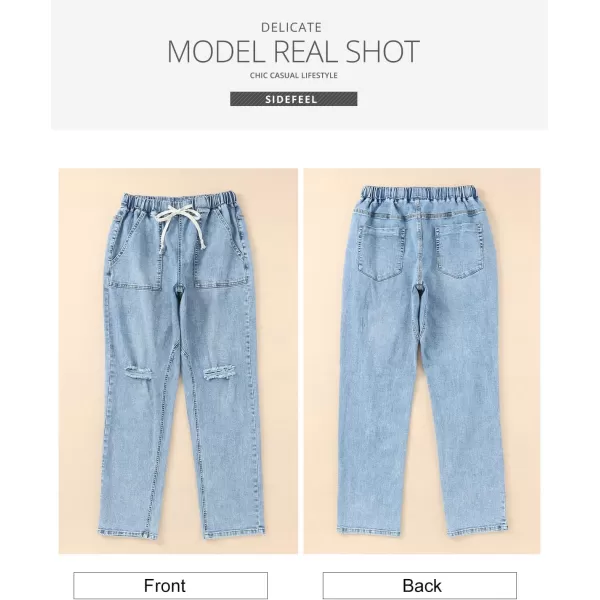 Sidefeel Women's Ripped Jogger Jeans Drawstring Elastic Waist Denim Pants