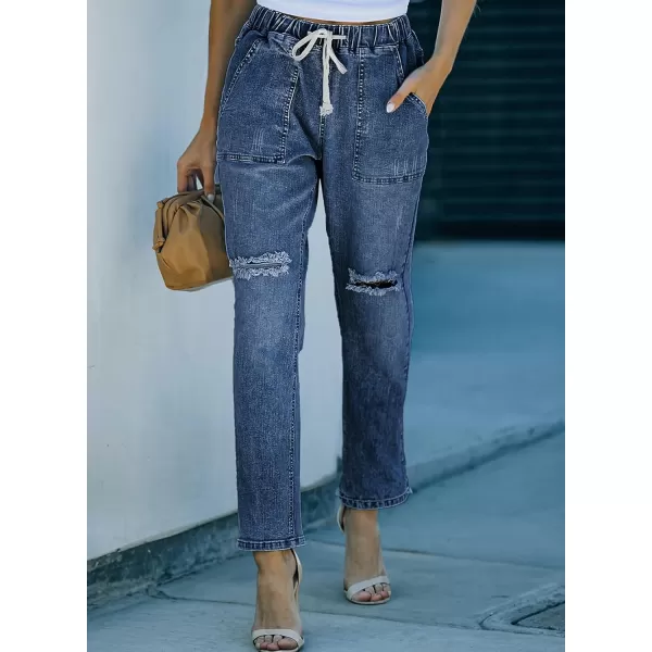 Sidefeel Women's Ripped Jogger Jeans Drawstring Elastic Waist Denim Pants
