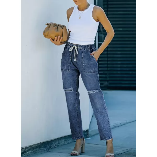Sidefeel Women's Ripped Jogger Jeans Drawstring Elastic Waist Denim Pants