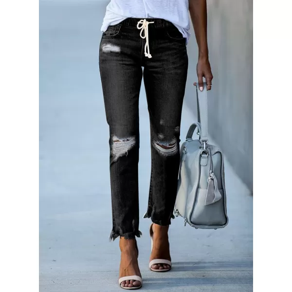Sidefeel Women's Ripped Jogger Jeans Drawstring Elastic Waist Denim Pants