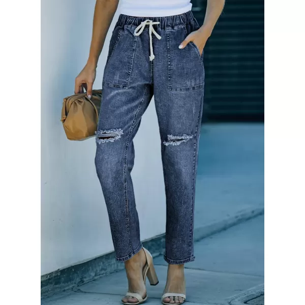 Sidefeel Women's Ripped Jogger Jeans Drawstring Elastic Waist Denim Pants