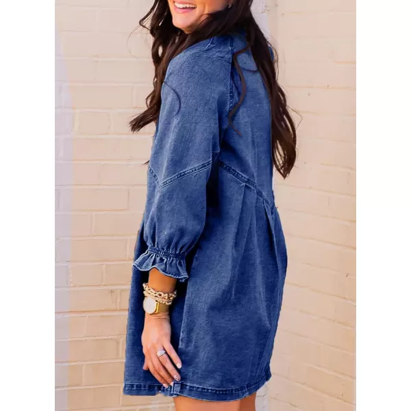 Sidefeel Womens Smocked 3 4 Sleeve Button Down Denim Jeans Dresses