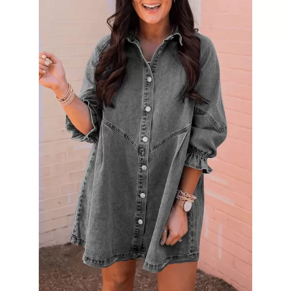 Sidefeel Womens Smocked 3 4 Sleeve Button Down Denim Jeans Dresses