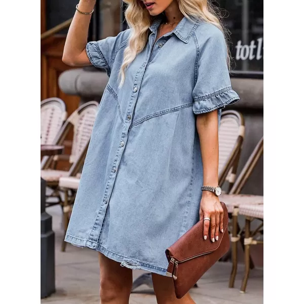 Sidefeel Womens Smocked 3 4 Sleeve Button Down Denim Jeans Dresses
