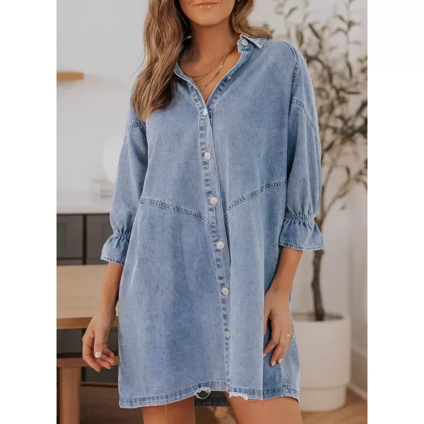 Sidefeel Womens Smocked 3 4 Sleeve Button Down Denim Jeans Dresses