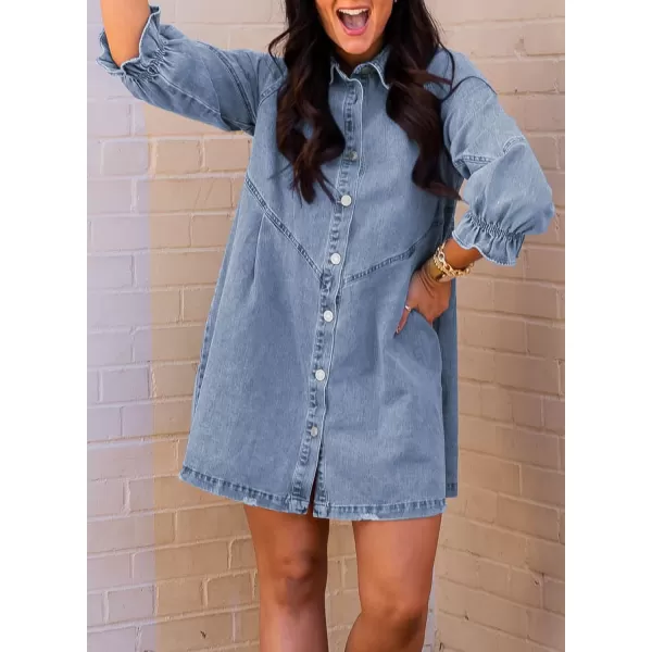 Sidefeel Womens Smocked 3 4 Sleeve Button Down Denim Jeans Dresses