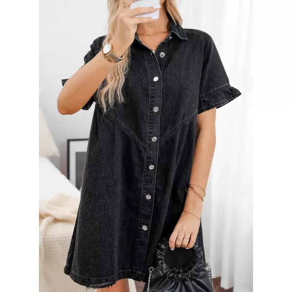 Sidefeel Womens Smocked 3 4 Sleeve Button Down Denim Jeans Dresses