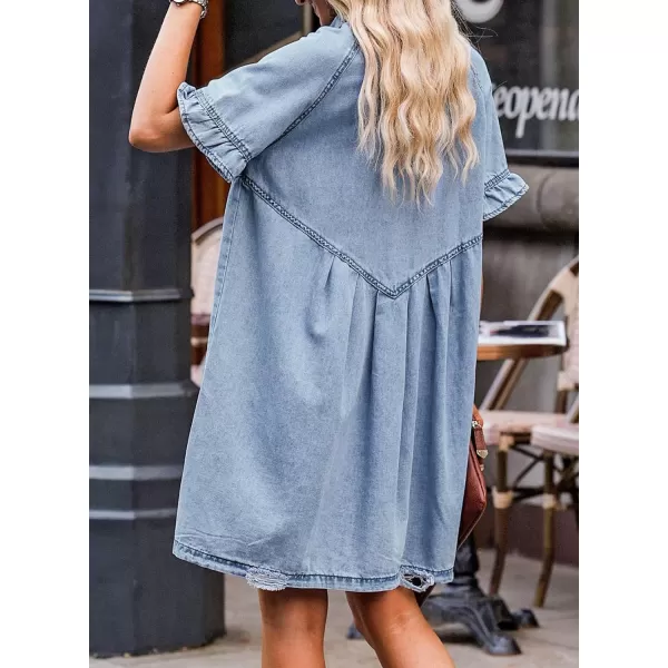 Sidefeel Womens Smocked 3 4 Sleeve Button Down Denim Jeans Dresses