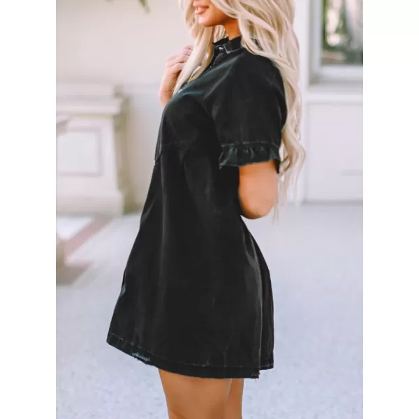 Sidefeel Womens Smocked 3 4 Sleeve Button Down Denim Jeans Dresses