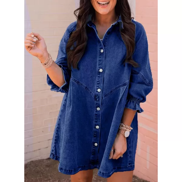 Sidefeel Womens Smocked 3 4 Sleeve Button Down Denim Jeans Dresses