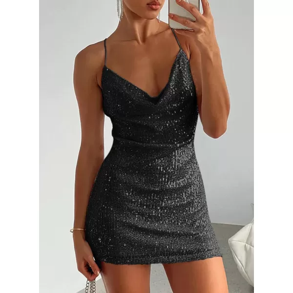 Sidefeel Women's Square Neck Bodice Dress Sequin Glitter Sexy Spaghetti Strap Sleeveless Backless Bodycon Mini Dresses