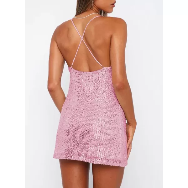 Sidefeel Women's Square Neck Bodice Dress Sequin Glitter Sexy Spaghetti Strap Sleeveless Backless Bodycon Mini Dresses