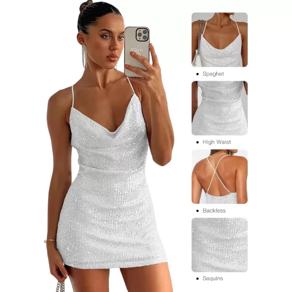 Sidefeel Women's Square Neck Bodice Dress Sequin Glitter Sexy Spaghetti Strap Sleeveless Backless Bodycon Mini Dresses