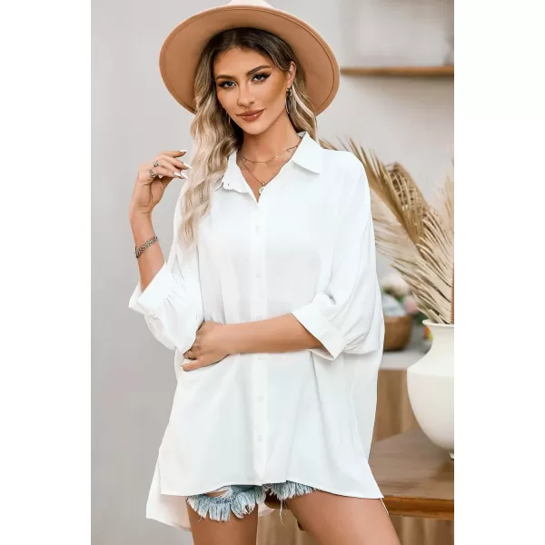 Sidefeel Womens Summer Oversized 3/4 Sleeve Button Down Shirts Side Slit Dressy Casual Blouses Loose Fit Tunic Tops
