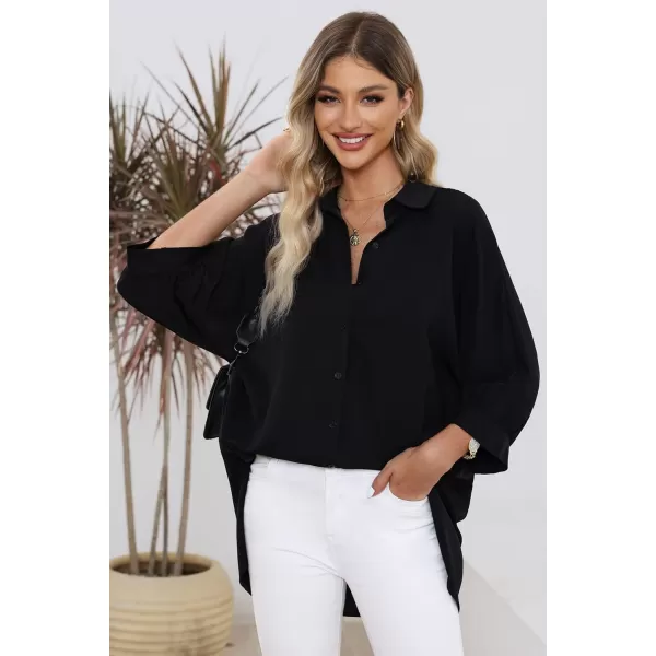 Sidefeel Womens Summer Oversized 3/4 Sleeve Button Down Shirts Side Slit Dressy Casual Blouses Loose Fit Tunic Tops