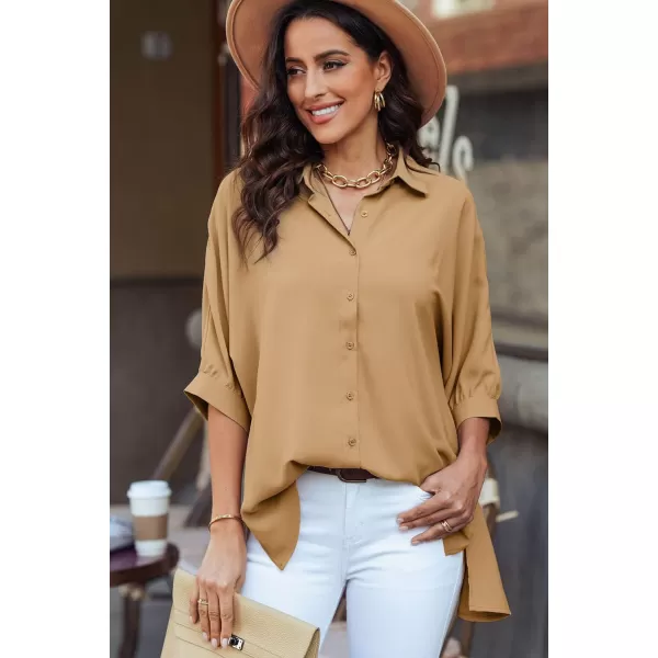 Sidefeel Womens Summer Oversized 3/4 Sleeve Button Down Shirts Side Slit Dressy Casual Blouses Loose Fit Tunic Tops