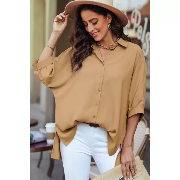 Sidefeel Womens Summer Oversized 3/4 Sleeve Button Down Shirts Side Slit Dressy Casual Blouses Loose Fit Tunic Tops