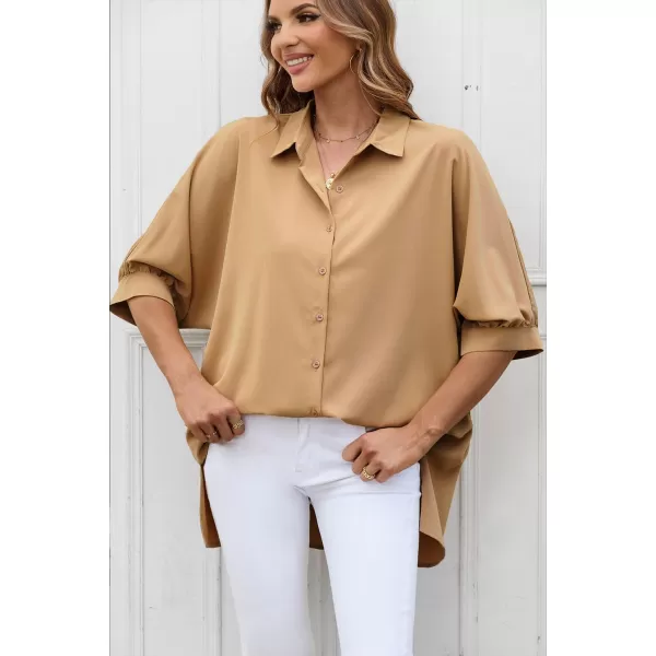 Sidefeel Womens Summer Oversized 3/4 Sleeve Button Down Shirts Side Slit Dressy Casual Blouses Loose Fit Tunic Tops