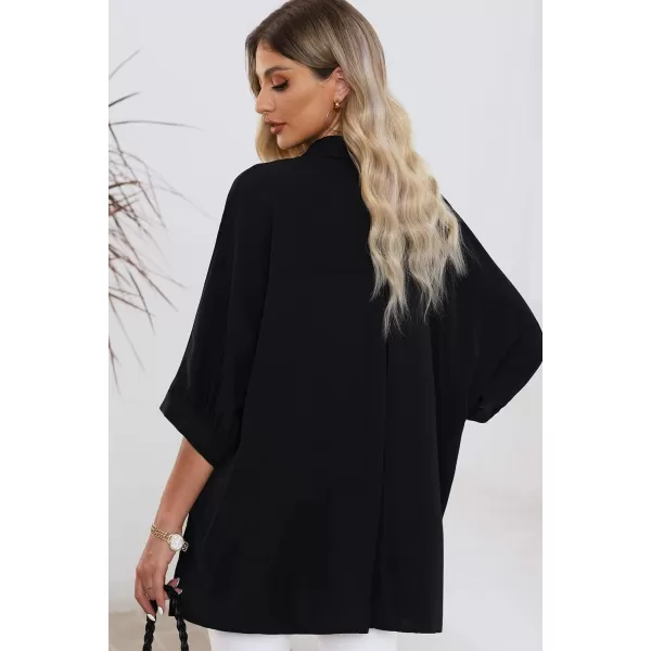 Sidefeel Womens Summer Oversized 3/4 Sleeve Button Down Shirts Side Slit Dressy Casual Blouses Loose Fit Tunic Tops