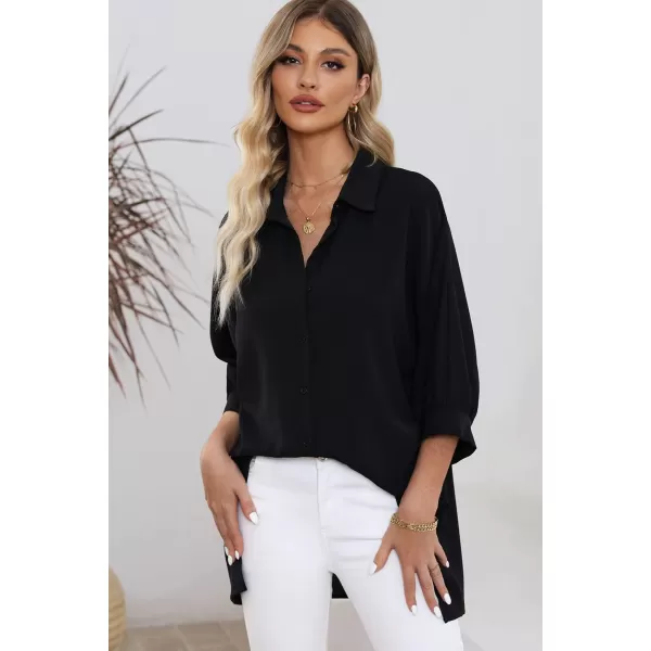 Sidefeel Womens Summer Oversized 3/4 Sleeve Button Down Shirts Side Slit Dressy Casual Blouses Loose Fit Tunic Tops