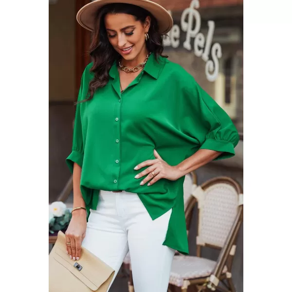 Sidefeel Womens Summer Oversized 3/4 Sleeve Button Down Shirts Side Slit Dressy Casual Blouses Loose Fit Tunic Tops