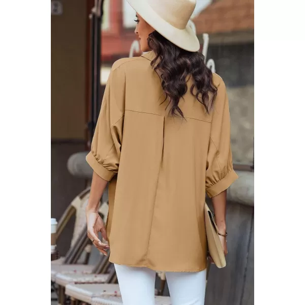 Sidefeel Womens Summer Oversized 3/4 Sleeve Button Down Shirts Side Slit Dressy Casual Blouses Loose Fit Tunic Tops