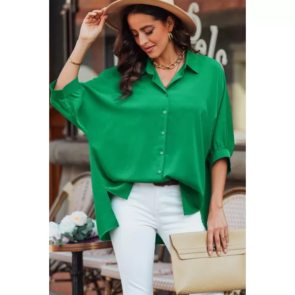 Sidefeel Womens Summer Oversized 3/4 Sleeve Button Down Shirts Side Slit Dressy Casual Blouses Loose Fit Tunic Tops