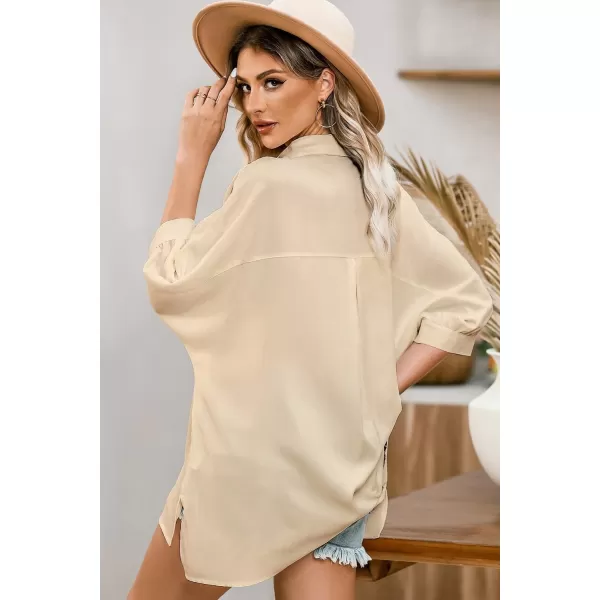 Sidefeel Womens Summer Oversized 3/4 Sleeve Button Down Shirts Side Slit Dressy Casual Blouses Loose Fit Tunic Tops