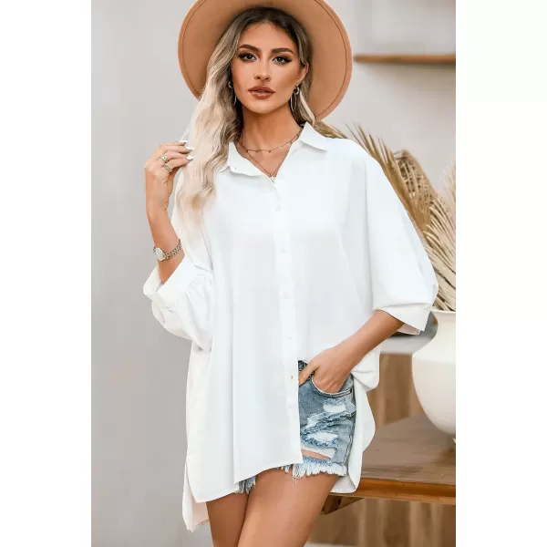 Sidefeel Womens Summer Oversized 3/4 Sleeve Button Down Shirts Side Slit Dressy Casual Blouses Loose Fit Tunic Tops