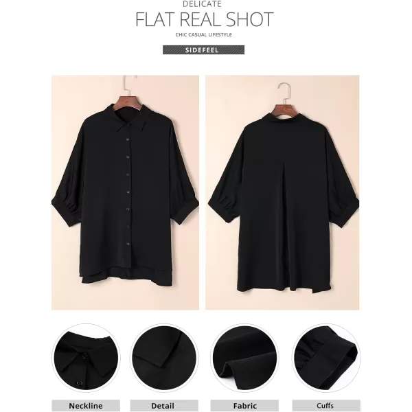 Sidefeel Womens Summer Oversized 3/4 Sleeve Button Down Shirts Side Slit Dressy Casual Blouses Loose Fit Tunic Tops