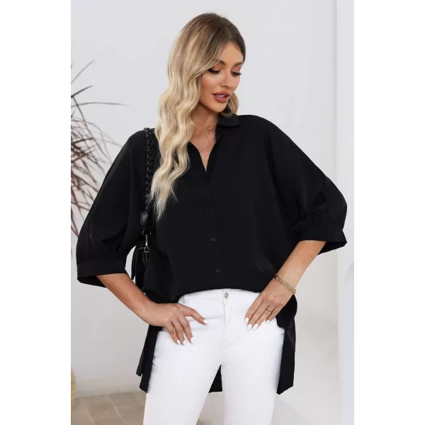 Sidefeel Womens Summer Oversized 3/4 Sleeve Button Down Shirts Side Slit Dressy Casual Blouses Loose Fit Tunic Tops