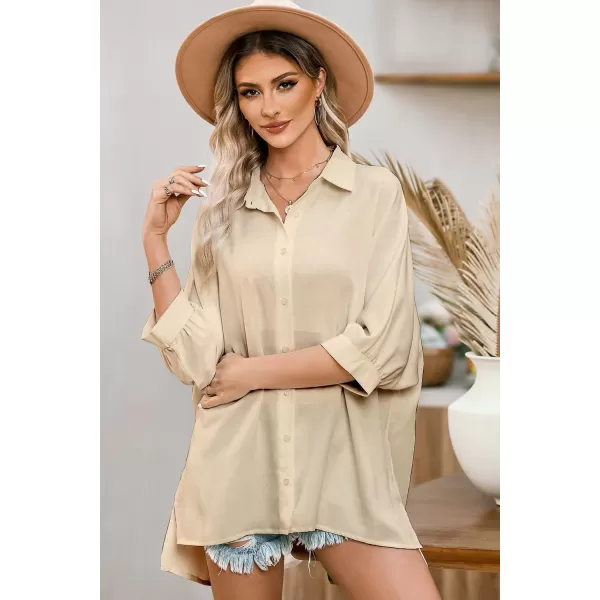 Sidefeel Womens Summer Oversized 3/4 Sleeve Button Down Shirts Side Slit Dressy Casual Blouses Loose Fit Tunic Tops