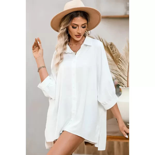 Sidefeel Womens Summer Oversized 3/4 Sleeve Button Down Shirts Side Slit Dressy Casual Blouses Loose Fit Tunic Tops