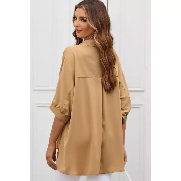 Sidefeel Womens Summer Oversized 3/4 Sleeve Button Down Shirts Side Slit Dressy Casual Blouses Loose Fit Tunic Tops