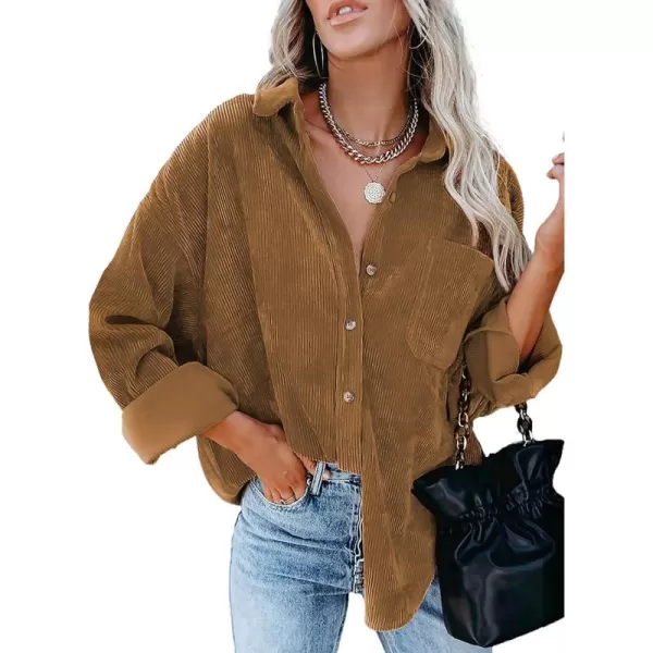 Sidefeel Women Corduroy Long Sleeve Button Down Shirt Oversized Jacket Tops