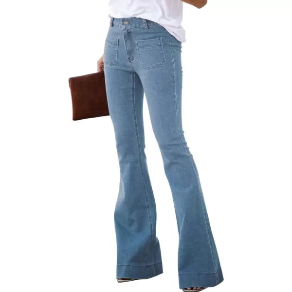 Sidefeel Women Destroyed Flare Jeans Elastic Waist Bell Bottom Raw Hem Denim Pants